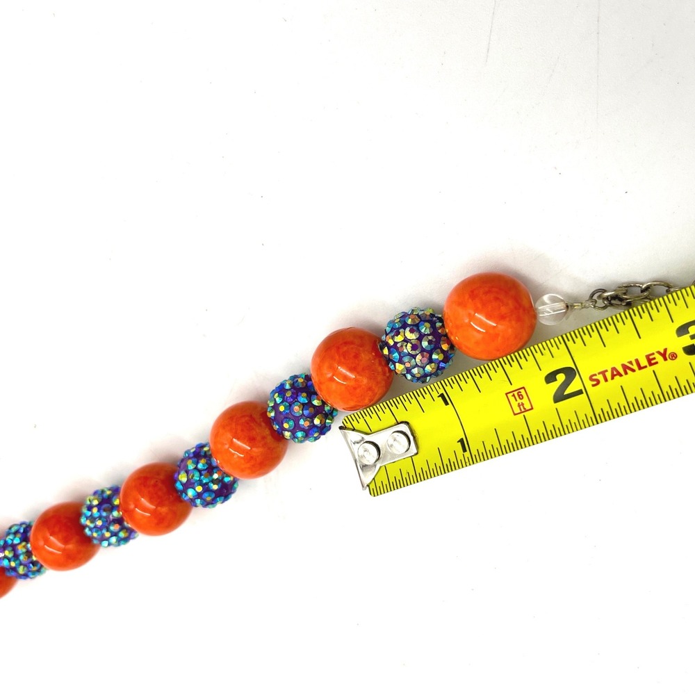 Orange Chunky Bead Necklace Iridescent Blue Pavé Rhinestone Statement 18.5" - Picture 5 of 6